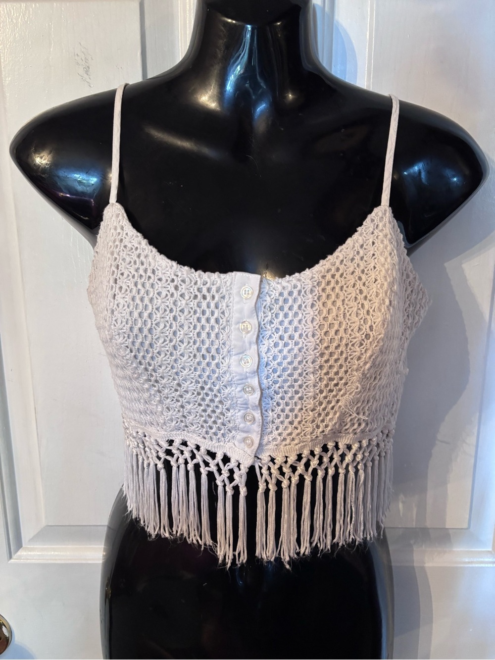 Bethany Mota Cream Crochet Fringe Crop Cami